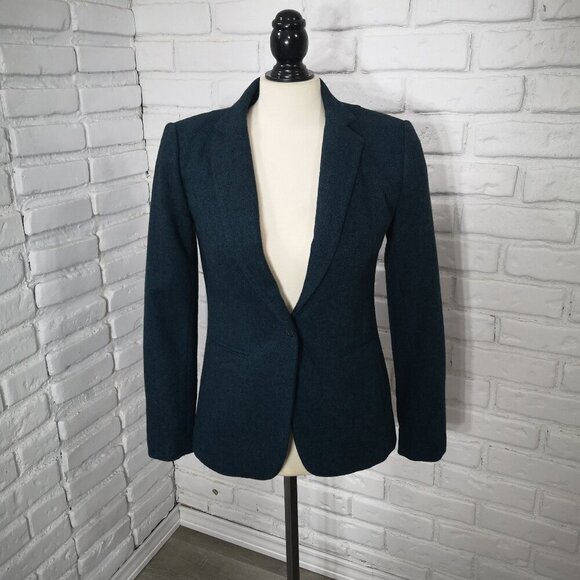 Banana Republic Ladies Size 0 Dark Teal & Black Lined Wool Blend Blazer - Picture 1 of 11